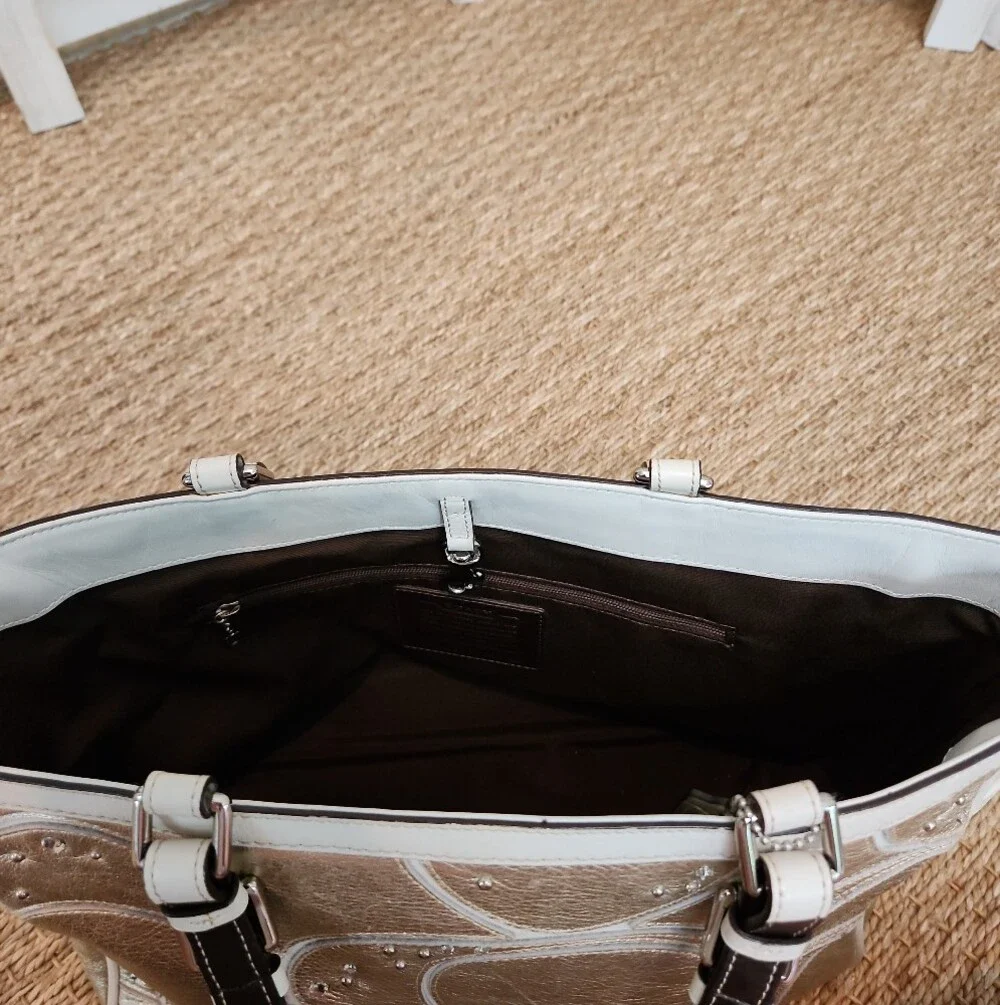Coach Silver Embossed Tote Bag with Stud Detail